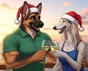 Illustrated anthropomorphic dog couple in santa hats celebrating a romantic christmas vacation with wine by the sea