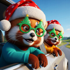 Cute red panda characters in santa hats and festive glasses enjoying a christmas summer road trip