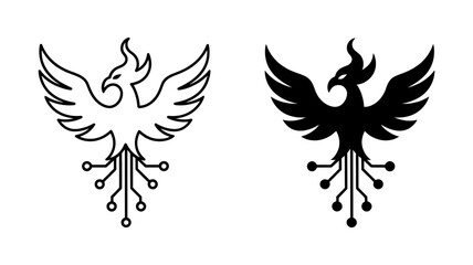 Obraz premium Vector art of phoenix bird with circuit board details, symbolizing rebirth and technology, available in both outline and silhouette styles
