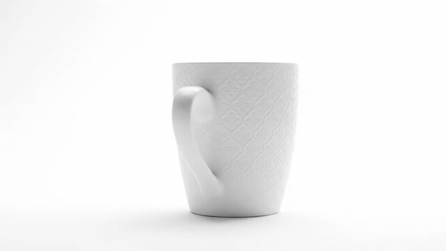 A white mug with textured design and a handle against a white backdrop