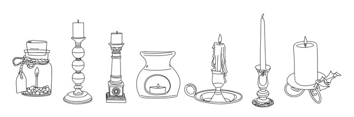 Black and white line art set of decorative candle holders. Includes glass jar, ornate candlestick, teapot burner, modern holder. Minimalist hand drawn illustration isolated on transparent background.