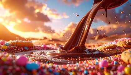 Candy Day Delight A Sweet Landscape of Chocolate and Treats Under a Warm Sky