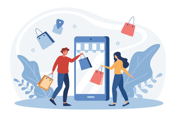 Flat vector e-commerce sale, shoppers happy, diverse people buying, digital interface, online shopping spree, discount graphics.
