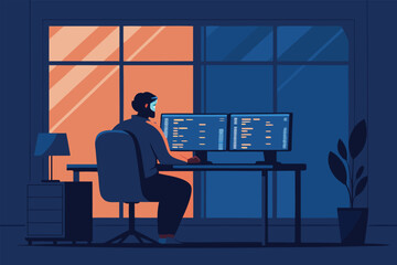 Flat vector art, gamer designing a game, coding, computers, creative process, office desk, gaming setup, innovation.