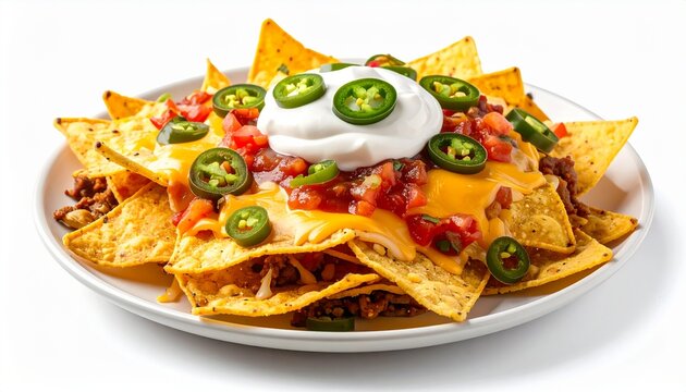 Delicious plate of nachos topped with melted cheese, jalapeños, salsa, and sour cream - Powered by Adobe