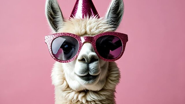 Llama celebrating a party, wearing fun pink glitter sunglasses and a matching festive hat against a pink background
