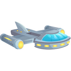 Stylized Gray Cartoon Spaceship with Blue Cockpit and Yellow Lights on a Transparent Background
