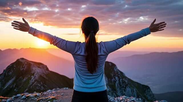 Woman standing on a mountain peak with outstretched arms, enjoying the sunset and embracing concepts of freedom, triumph, and adventure