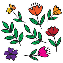 Hand drawn colorful spring flowers and green leaves isolated on white background