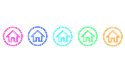 A set of five colorful neon outline house icons on a white background representing home symbols and real estate concepts in a modern, vibrant, and glowing aesthetic	
