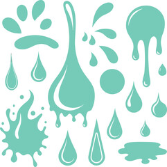 Green liquid drops, drips, and splashes vector set