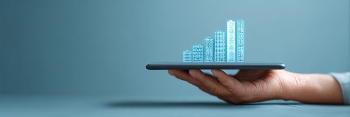 Hand holding smartphone with holographic expanding building models rising from the screen, visualizing smart city growth, real estate investment, urban development and digital infrastructure