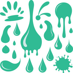 Green liquid drops, drips, and splashes vector set