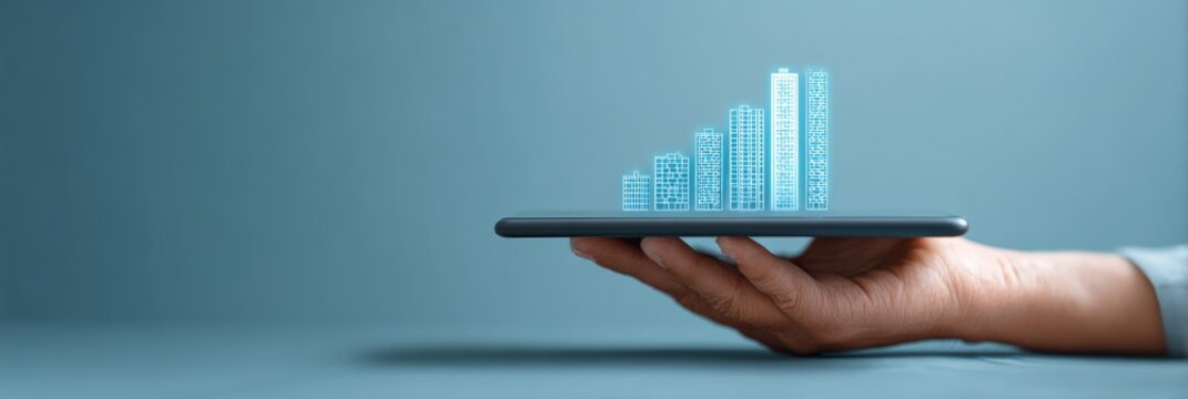 Hand holding smartphone with holographic expanding building models rising from the screen, visualizing smart city growth, real estate investment, urban development and digital infrastructure