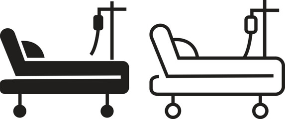 Hospital bed icon set with medical healthcare symbols in flat and outline vectors illustration of patient bed, clinic equipment, emergency ward, intensive care, and hospital service designs concept.
