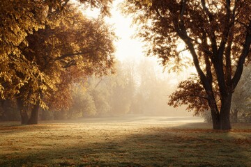 Obraz premium Morning elegance: the majestic glow of an autumn meadow. Adventure poster. Mystical morning light: radiant autumn trees in the meadow. Thriller poster. Cinema artwork.