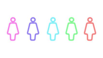 Set of five diverse neon woman icons glowing with pink purple blue cyan and green light against a white background representing female diversity and gender equality concepts  © Moynul Haque