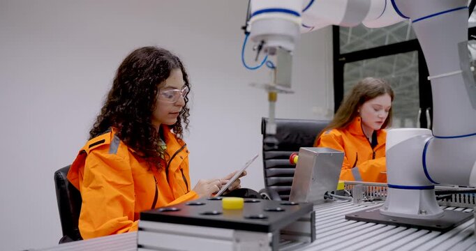 female asian technician adult working in robotics lab operating robotic arm and analyzing automation process on tablet during engineering training for cobot calibration in smart factory environment