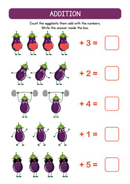 Naklejki Fun Addition Worksheet with Engaging Eggplant Arithmetic