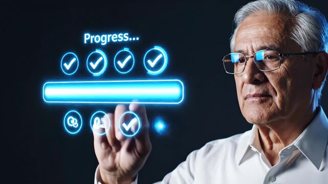 Elderly man touching digital progress bar with completion tasks and check marks representing development and achievement on dark background.