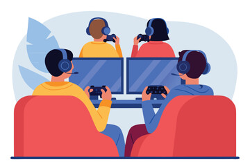 Diverse young adults with gaming headsets intently focused, connected in a shared virtual world, a digital communion of play.