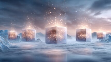 Surreal floating marketing campaign featuring glowing pebbles in a dreamy landscape enchanting visuals of ethereal cubes