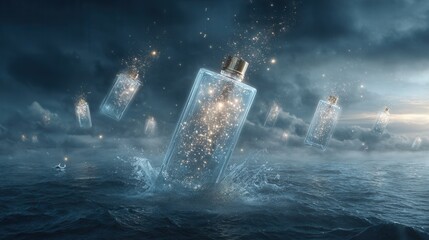 Surreal floating marketing campaign featuring glowing bottles over enchanted waters dreamlike visuals captivating perspectives