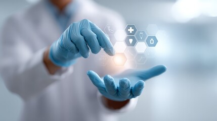 Person wearing a lab coat and blue sterile gloves interacting with a futuristic healthcare interface featuring various medical icons, representing digital health technology and innovation