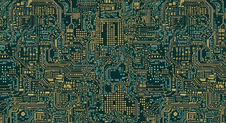Seamless Retro Green and Yellow Circuit Board Pattern Background - Abstract Digital Technology Motherboard Texture