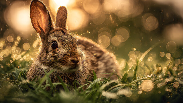 A photorealistic wild rabbit rests in a lush green meadow, bathed in the vibrant, warm light of a cinematic golden hour sunset - Powered by Adobe
