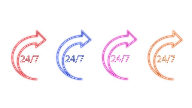 A set of colorful neon arrows with the text 24/7 indicating constant availability and continuous service, perfect for representing round the clock support.	