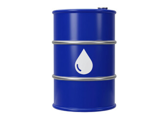 Blue oil barrel with drop symbol isolated, petroleum industry container on transparent background, fuel storage for energy and chemical products
