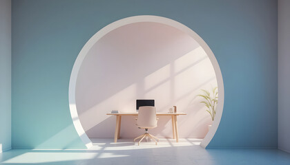 Minimalist Office Nook with Large Circular Wall Arch and Sunlight