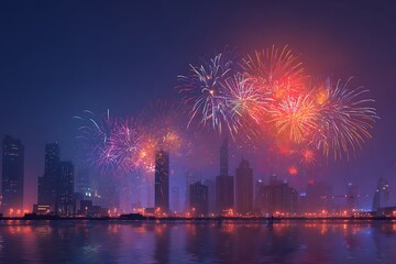 Fototapeta premium Vibrant fireworks explode above a modern city skyline at dusk, reflecting on the water, creating a celebratory and magical atmosphere for any event.