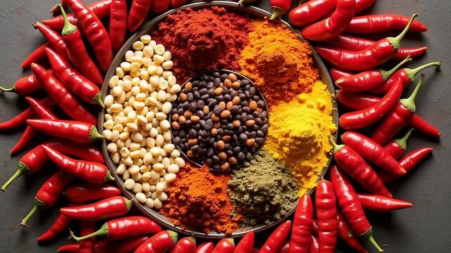 Vibrant array of colorful spices and chili peppers arranged in a circular pattern, creating a visually rich culinary composition.