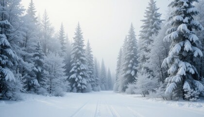 Winter wonderland scene with snow-covered trees blending into a white background, ethereal light.
