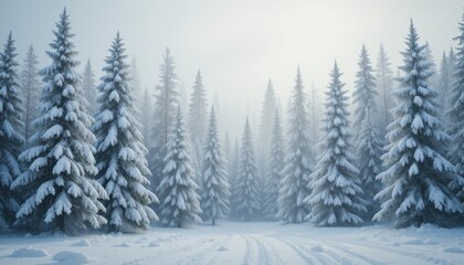 Fototapeta premium Winter wonderland scene with snow-covered trees blending into a white background, ethereal light.