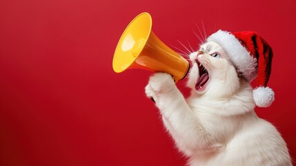 Comical white cat wearing a red Santa hat and holding a yellow megaphone, appearing to shout on a vibrant red background.