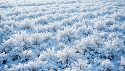 Frosty winter field covered in snow, seamless white background, soft natural light.