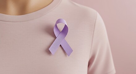 Purple ribbon pinned on a light pink shirt symbolizes awareness for a cause, promoting hope and support for those affected by the issue, conveying a message of solidarity.