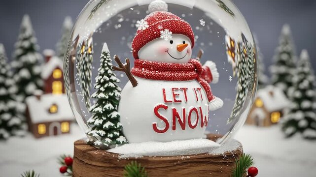 Snowman in a snow globe with let it snow text, festive winter scene