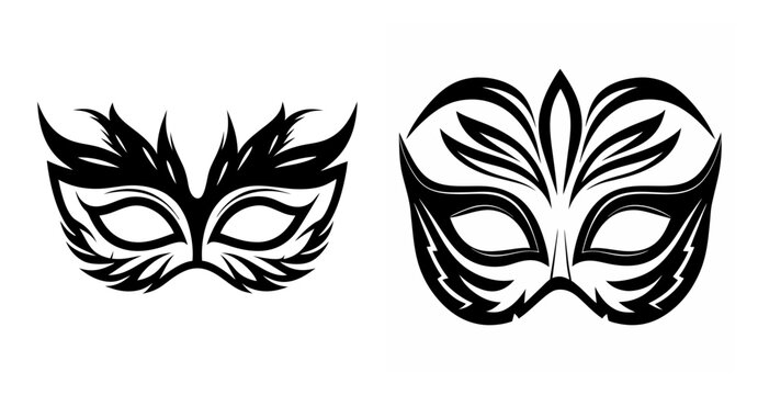 Two black masquerade masks elegant feathered designs mysterious evening party accessories