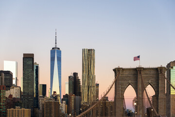 Lower Manhattan Skyline at Sunset with One World Trade Center, 8 Spruce Street, and Brooklyn Bridge Tower