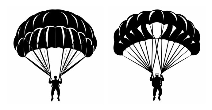 Two silhouette parachutists descending with open canopies against a contrasting backdrop conveying a sense of adventure