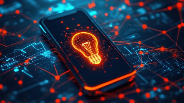 Futuristic smartphone with glowing lightbulb graphic, intricate network