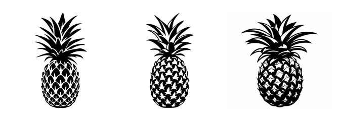 Three detailed black and white graphic representations of pineapples with distinctive spiky crowns lined up horizontally