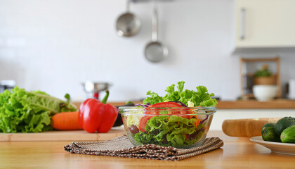野菜とサラダボウルのあるキッチン