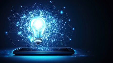 Futuristic concept of idea generation via technology. A glowing lightbulb emerges from a smartphone