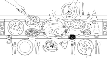 A beautiful view of a festive Christmas dinner table. Decorated with roasted turkey and various traditional foods. Ideal concept for holiday graphics, posters or social media posts.