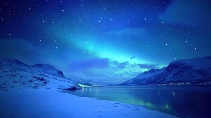 Nighttime aurora borealis over snowy fjord